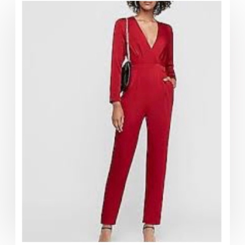 Express v neck long sleeve Red Women's Jumpsuit pockets small